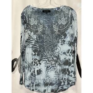 B.L.E.U. Blouse Women's L Wide Neck Animal Print Beaded Sublimation Fairy Floral